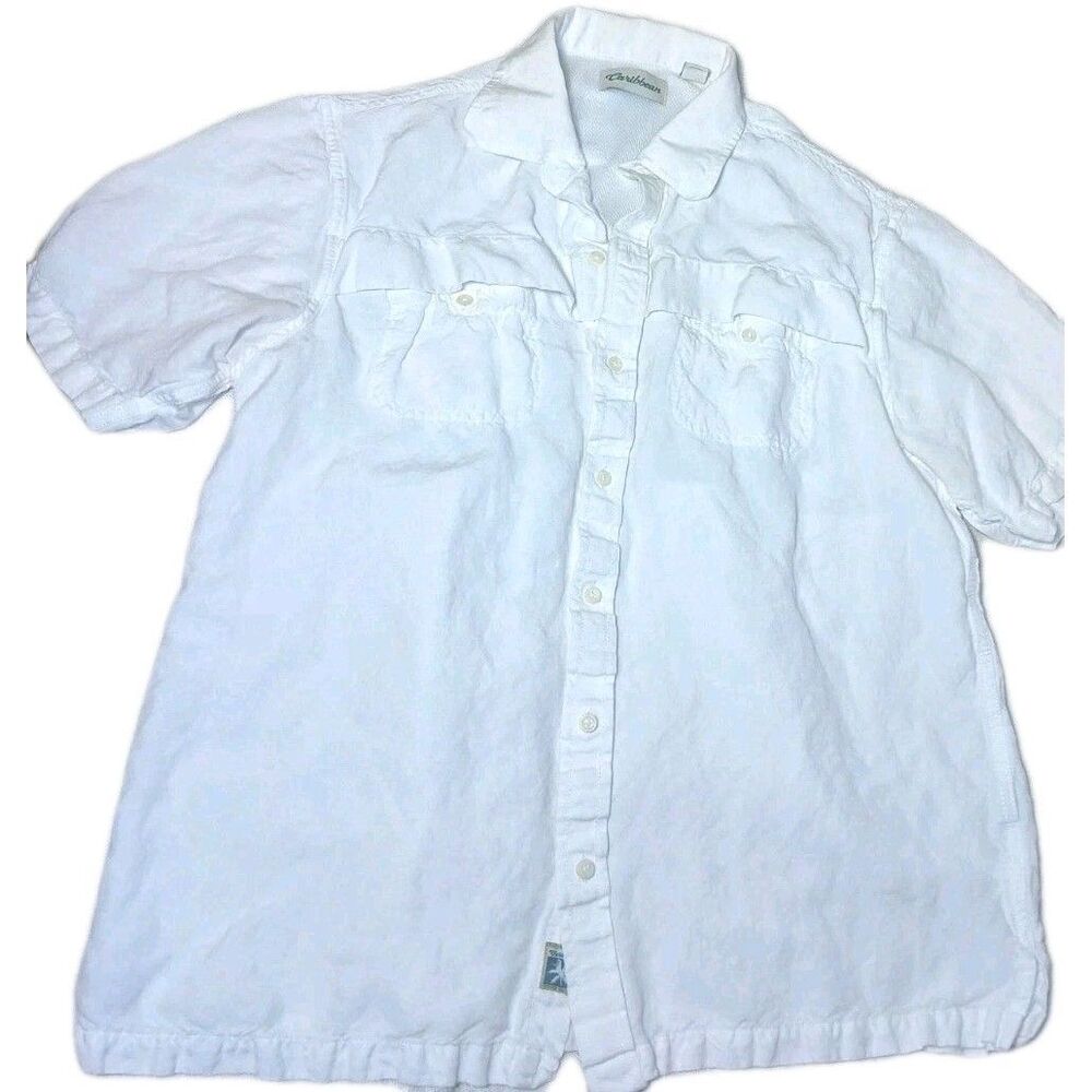 Caribbean Men's White Shirt Linen Blend Vented Size L button Closure Collared